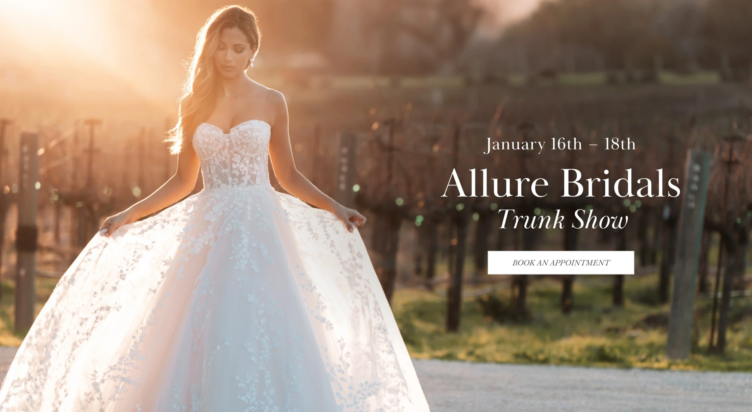 Model wearing Allure Bridals bridal gown, desktop banner