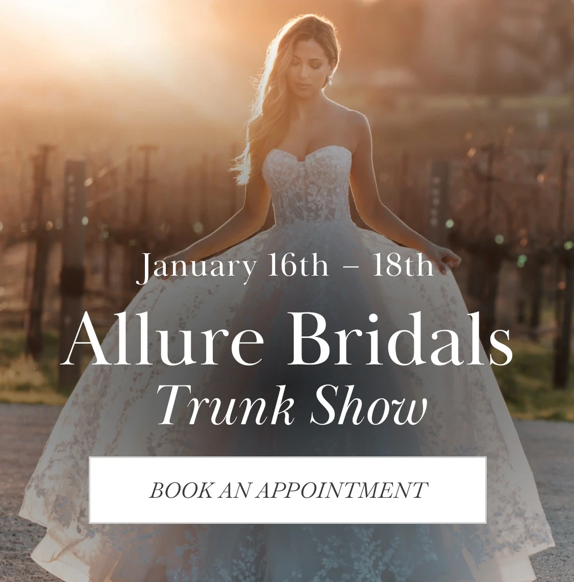 Model wearing Allure Bridals bridal gown, mobile banner