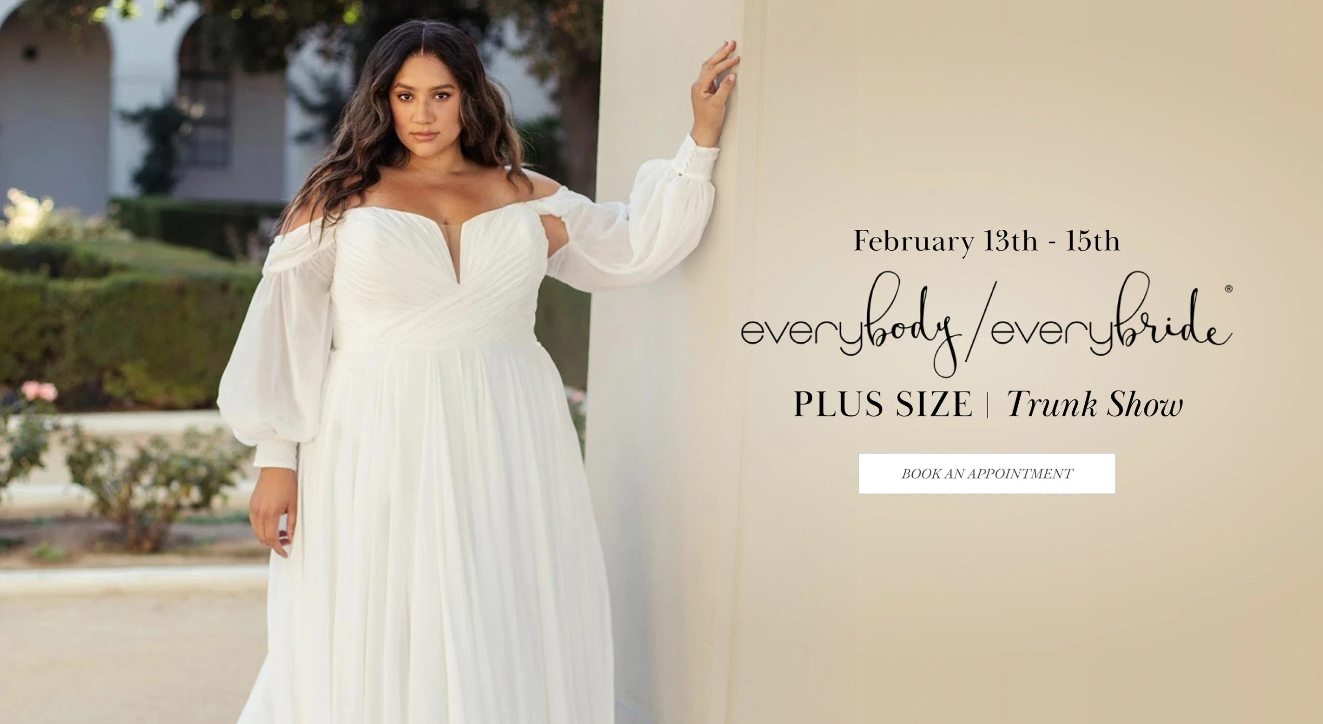 Model wearing everybody/everybride plus size bridal gown, desktop banner
