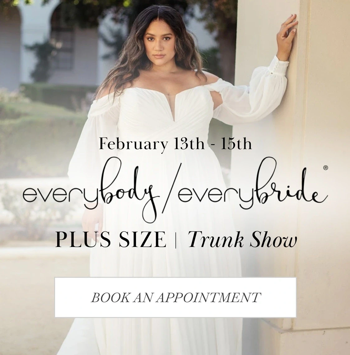 Model wearing everybody/everybride plus size bridal gown, mobile banner