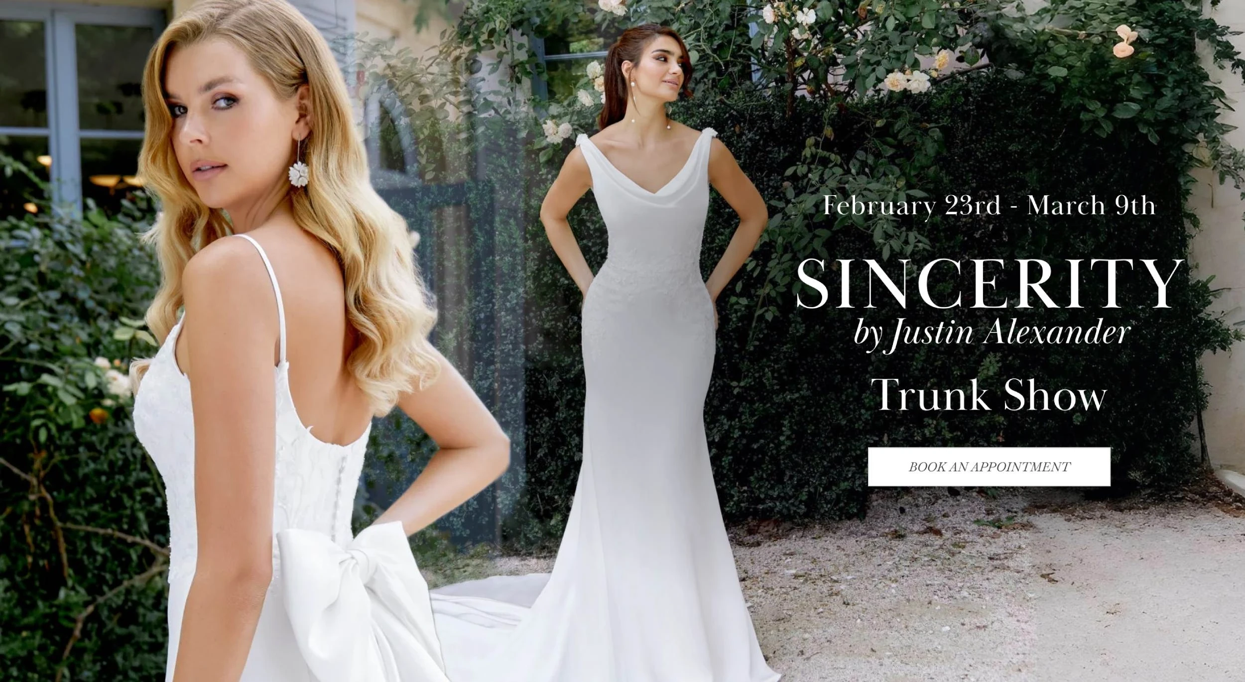 Models wearing  Justin Alexander Sincerity bridal gowns, desktop banner