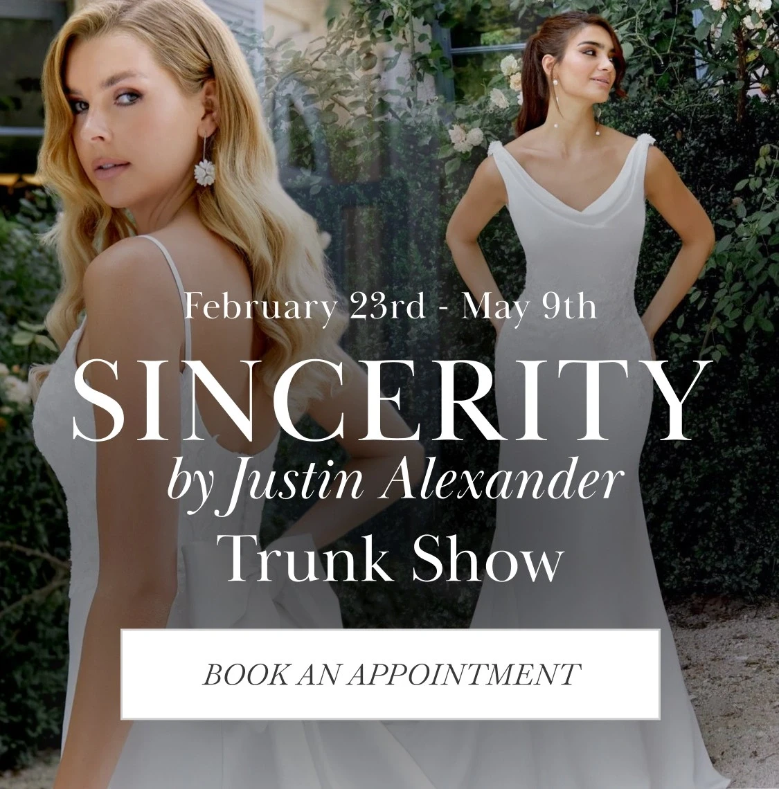 Models wearing  Justin Alexander Sincerity bridal gowns, mobile banner
