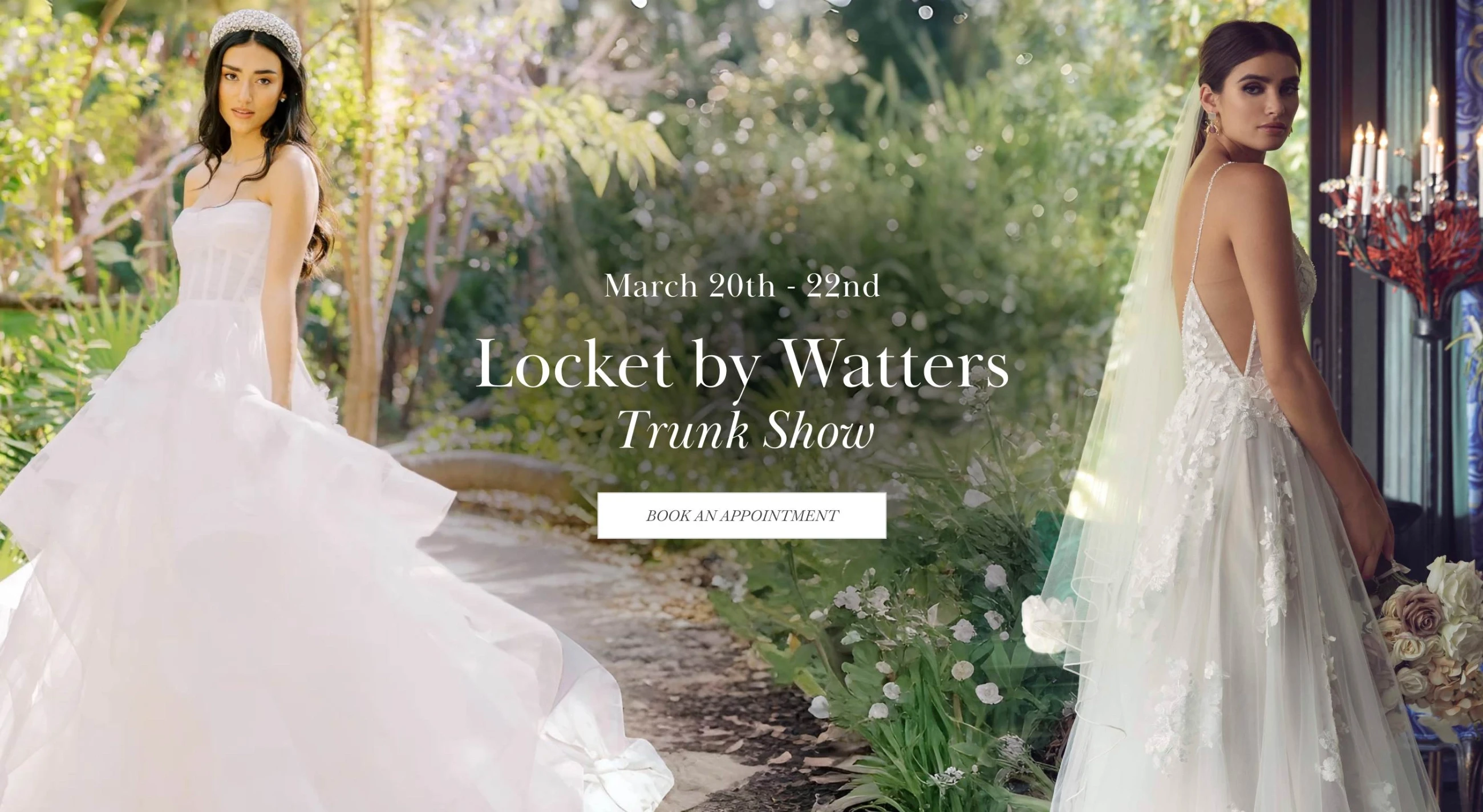 Models wearing Locket by Watters bridal gowns, desktop banner