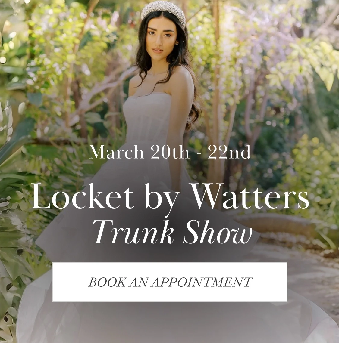 Model wearing Locket by Watters bridal gown, mobile banner