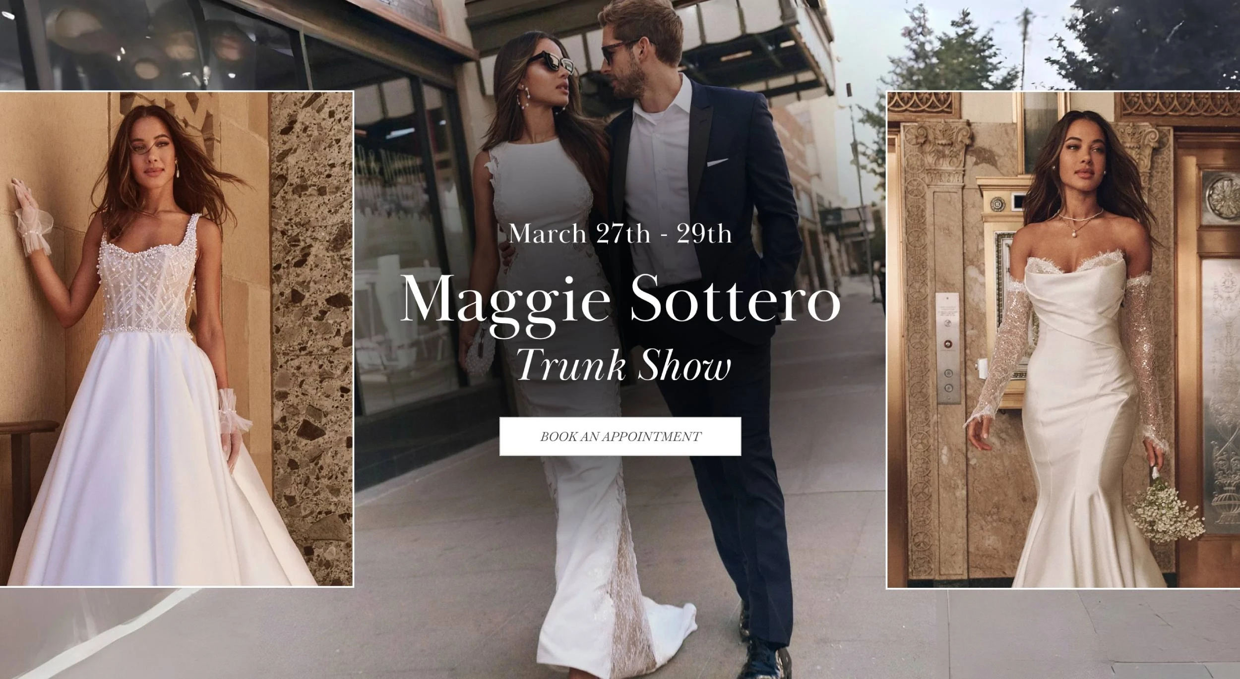 Models wearing Maggie Sottero bridal gowns, desktop banner