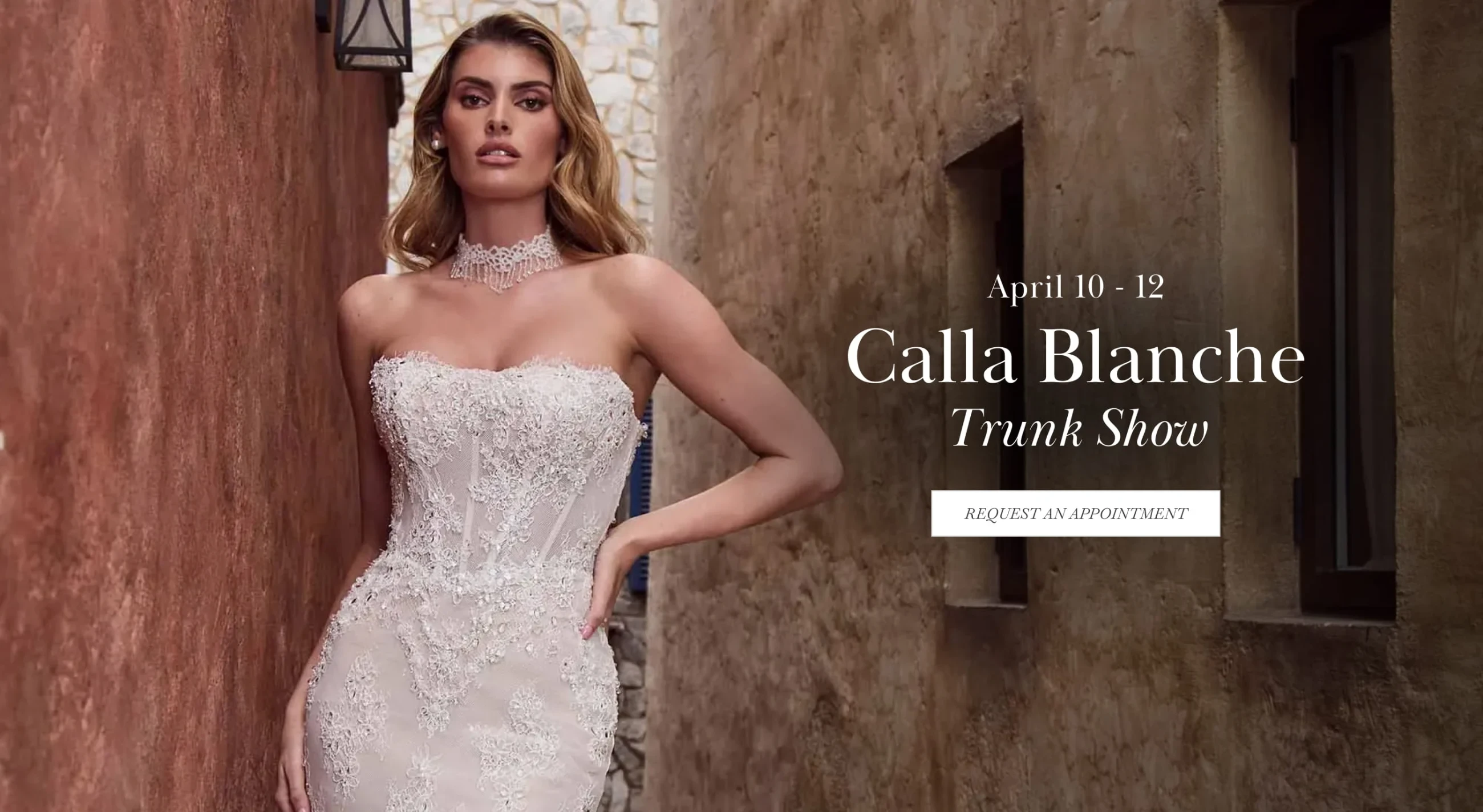 Model wearing Calla Blanche bridal dress, Trunk show desktop banner