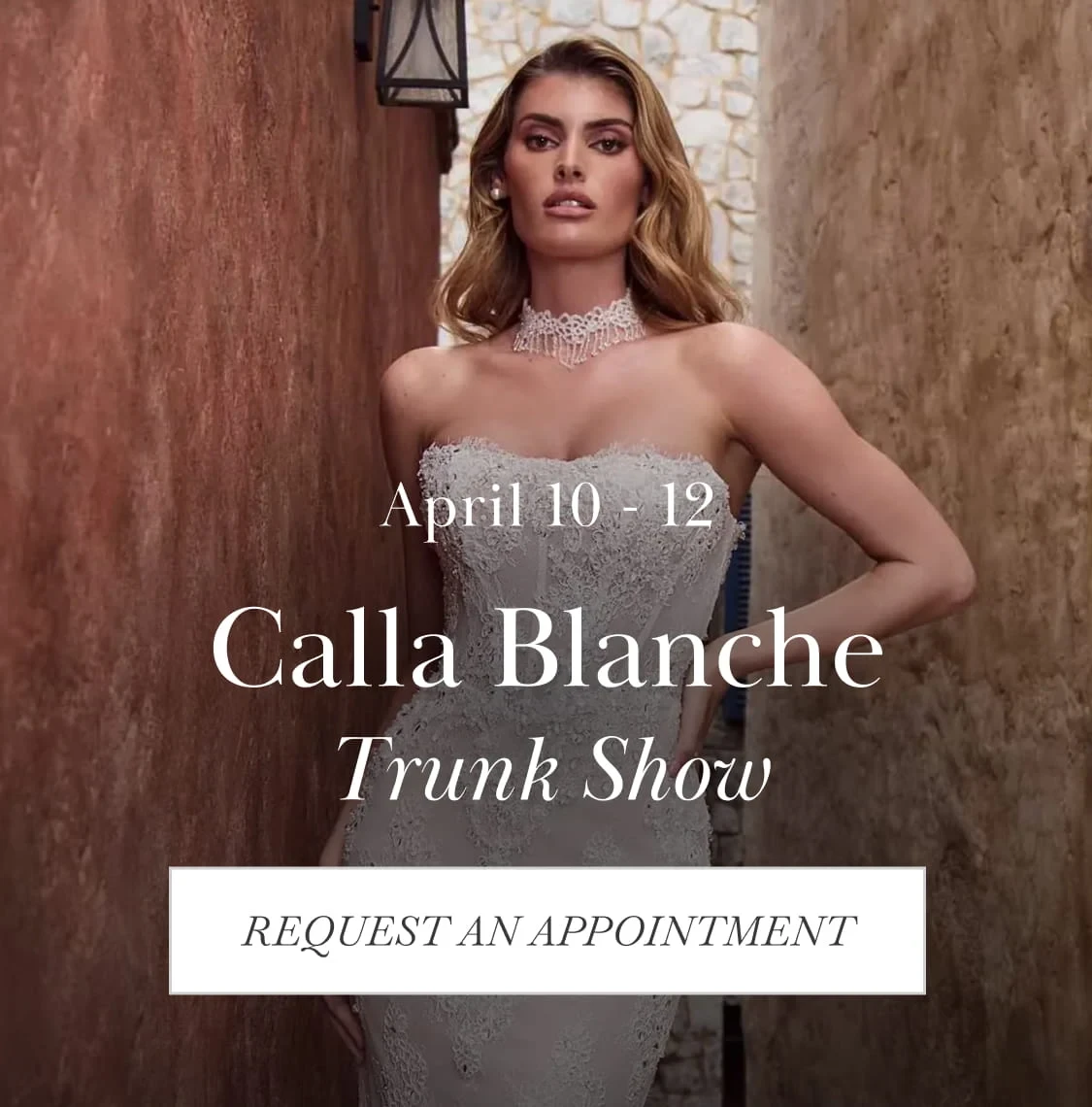 Model wearing Calla Blanche bridal dress, Trunk show mobile banner