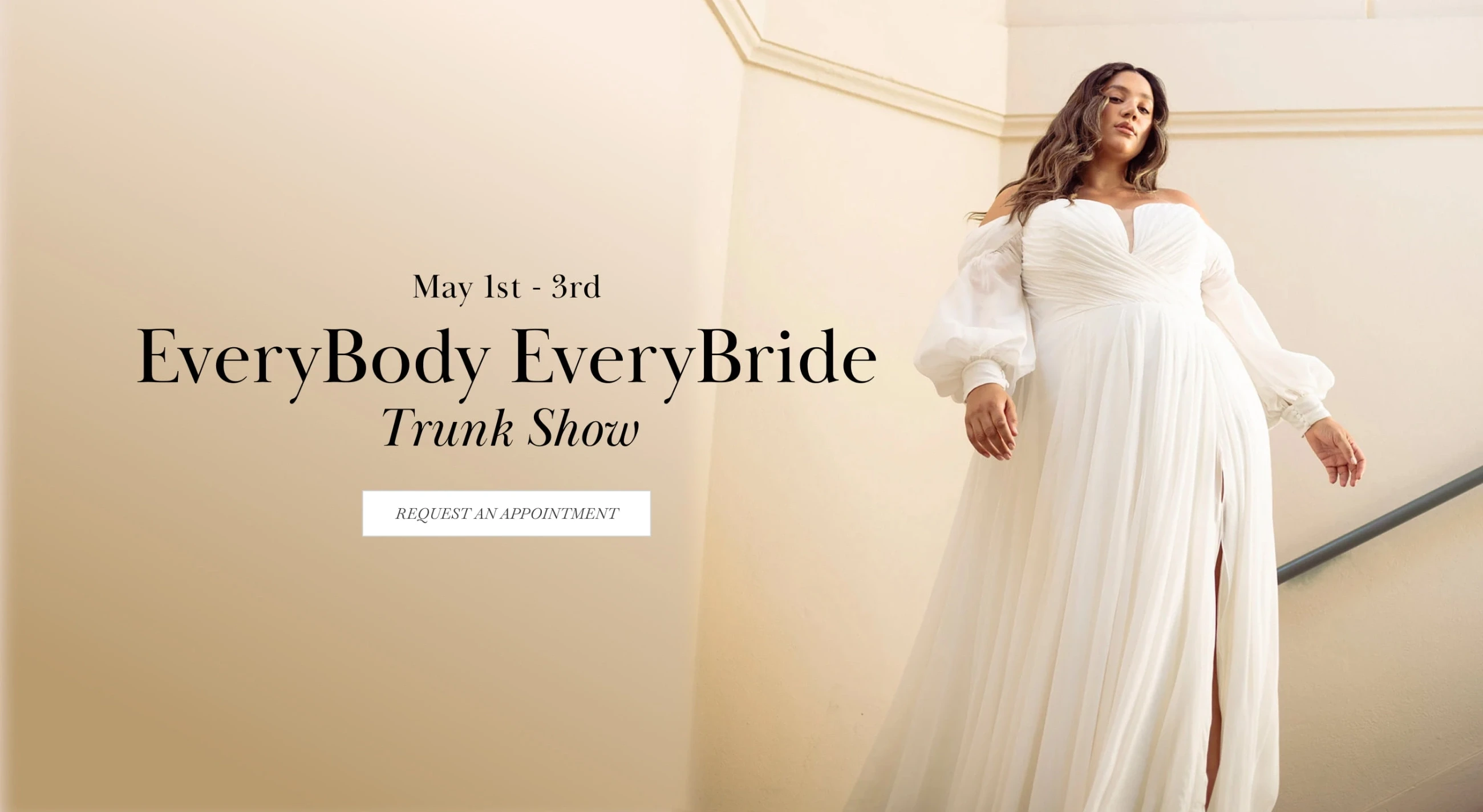 Model wearing Essense of Australia EveryBody EveryBride collection plus size bridal dress, desktop banner
