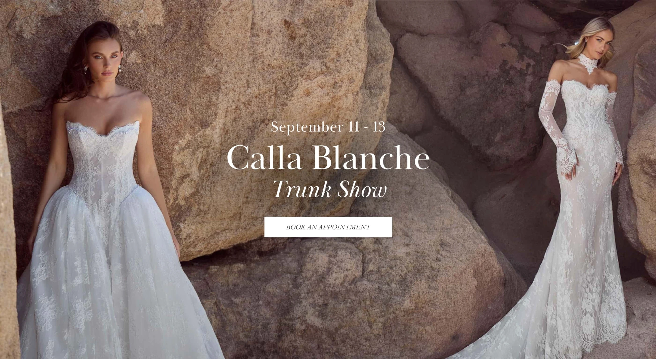 Models wearing Calla Blanche bridal dress, Trunk Show desktop banner