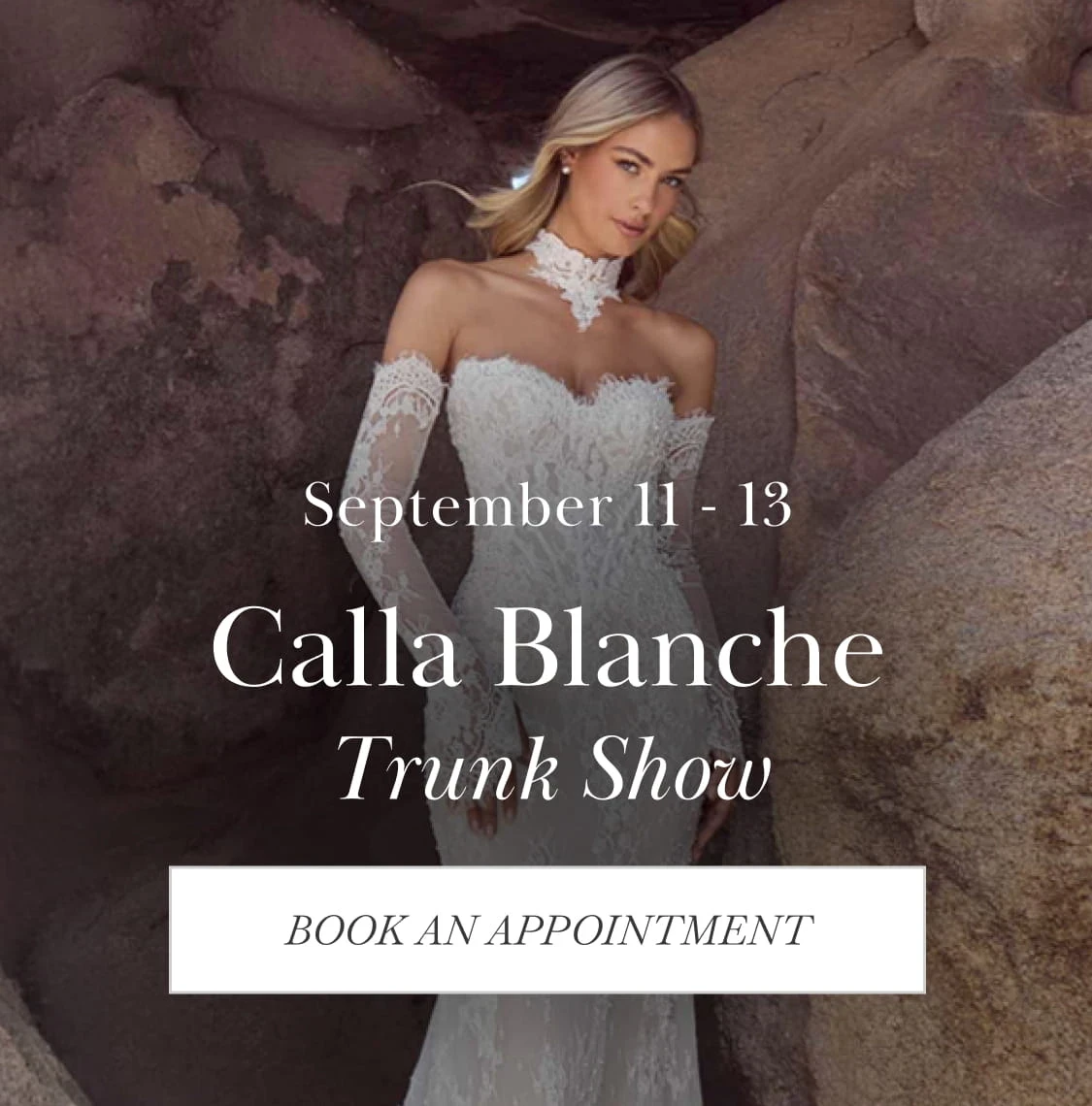 Models wearing Calla Blanche bridal dress, Trunk Show mobile banner