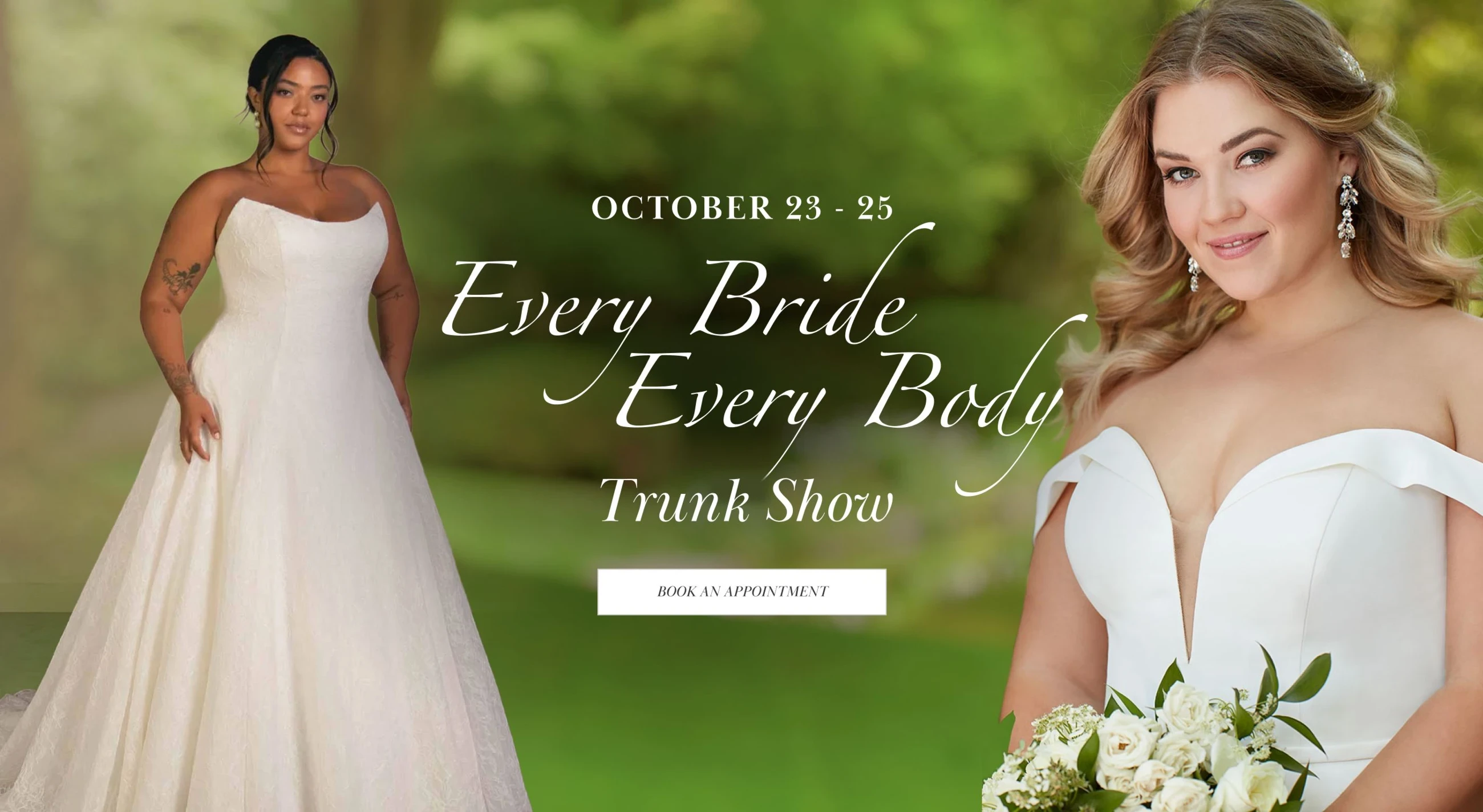 Models wearing Every Bride Every Body  plus size wedding dresses, trunk show desktop banner