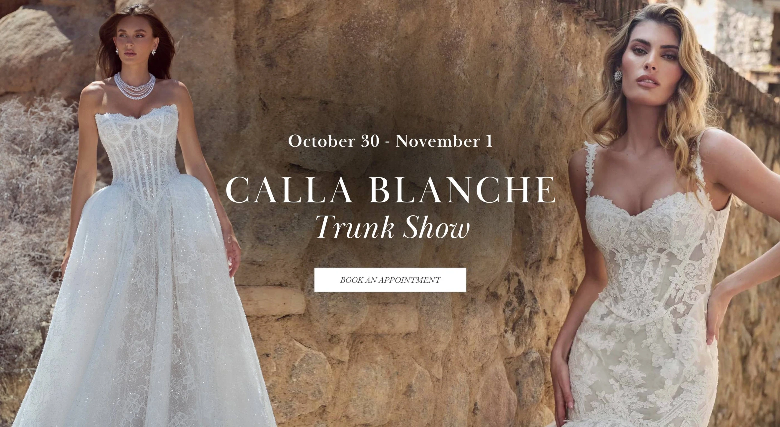 Models wearing Calla Blanche wedding dresses, Trunk Show desktop banner