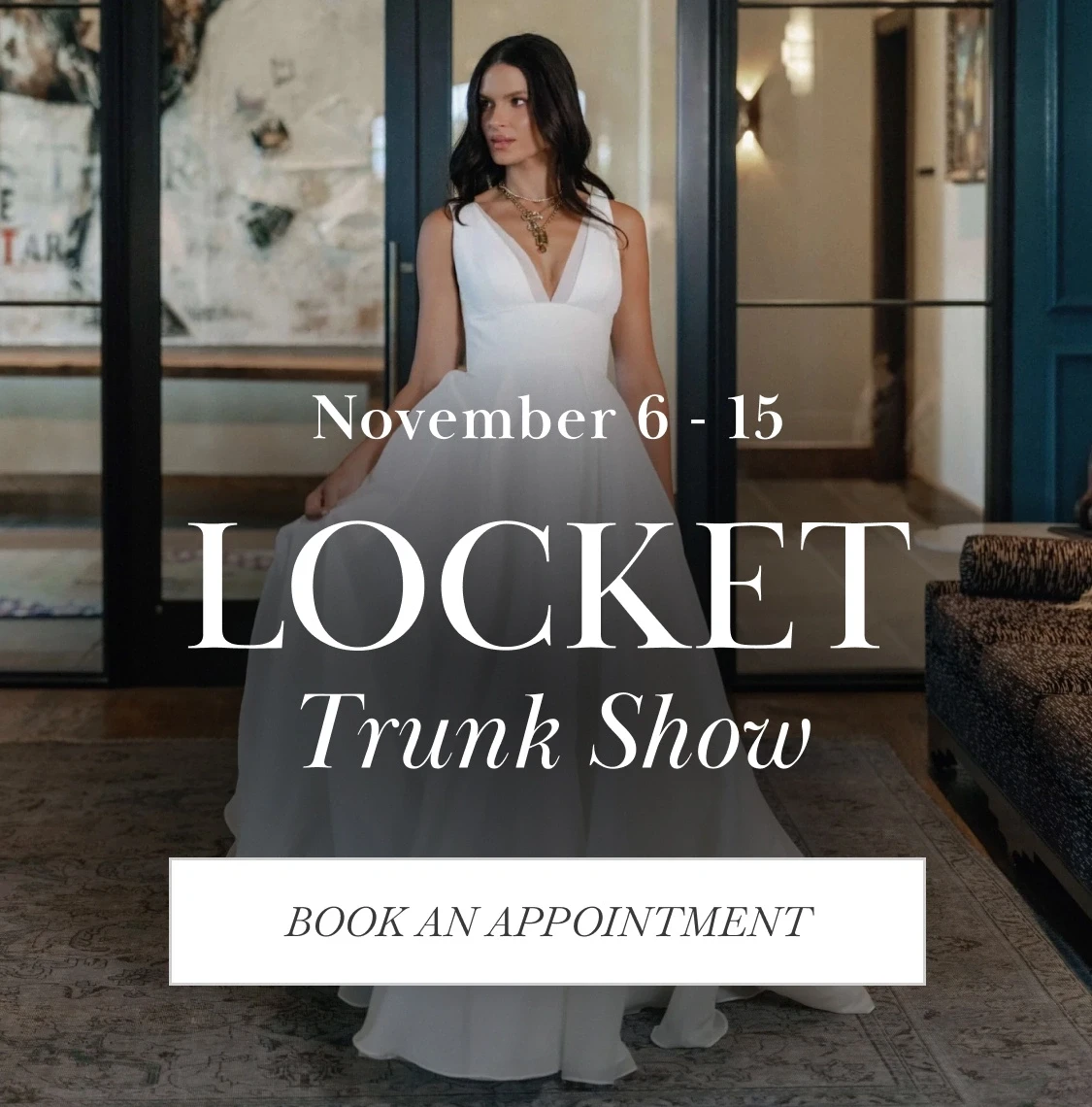 Model wearing Locket wedding dress, Trunk show mobile banner