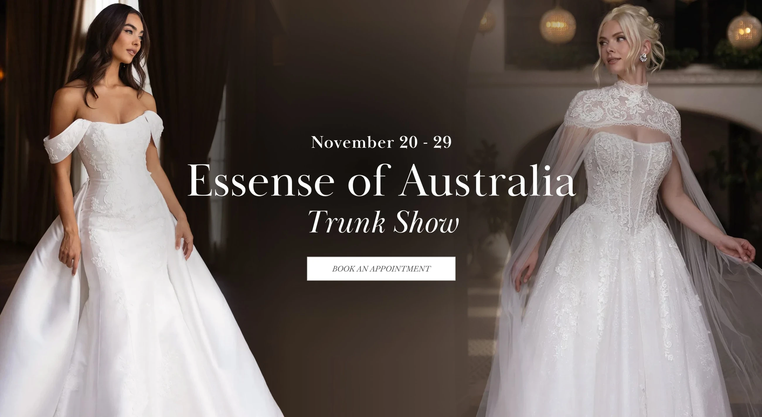 Models wearing Essense of Australia wedding dresses, Trunk Show desktop banner