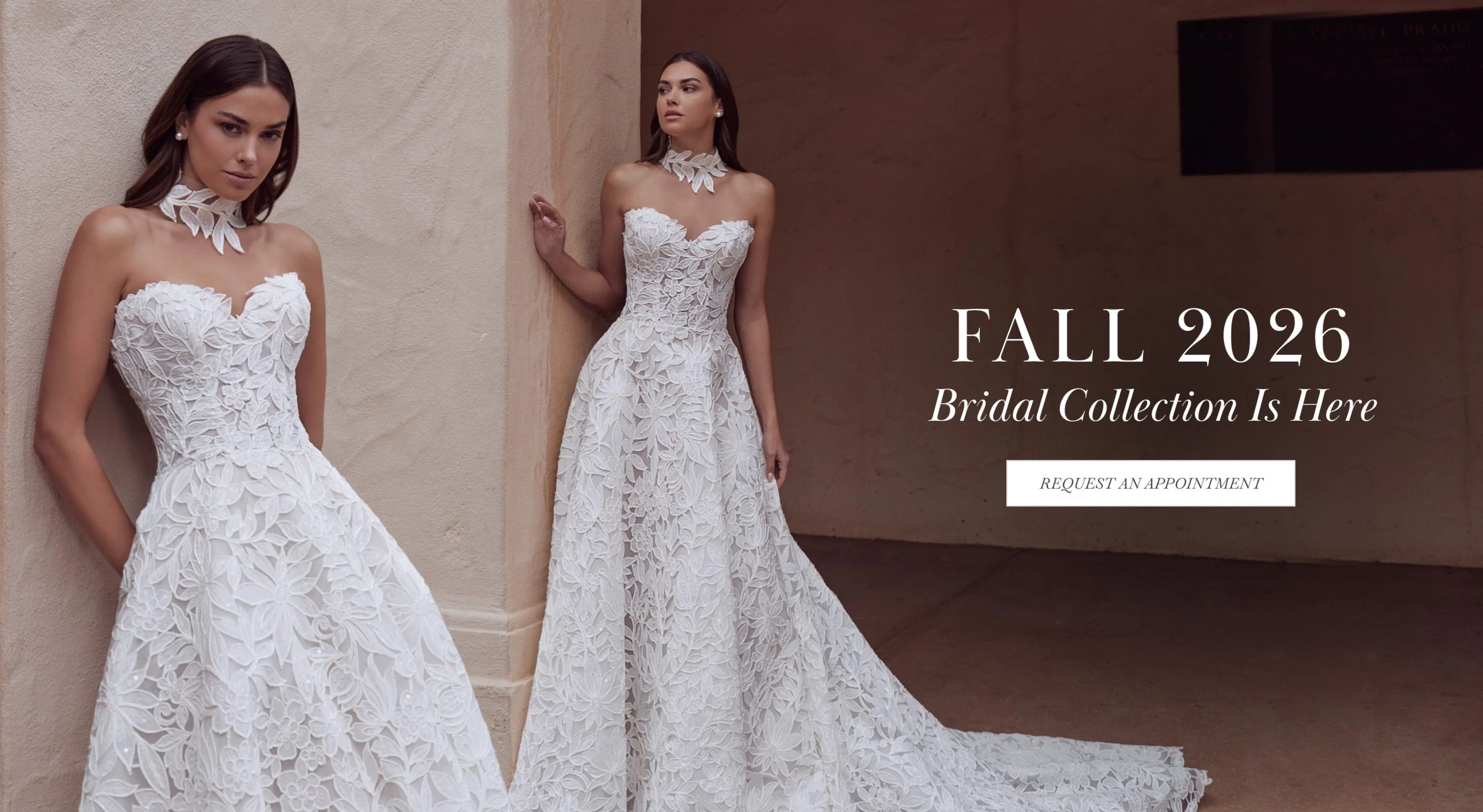 Model wearing Calla Blanche wedding dress, Fall 2026 desktop banner