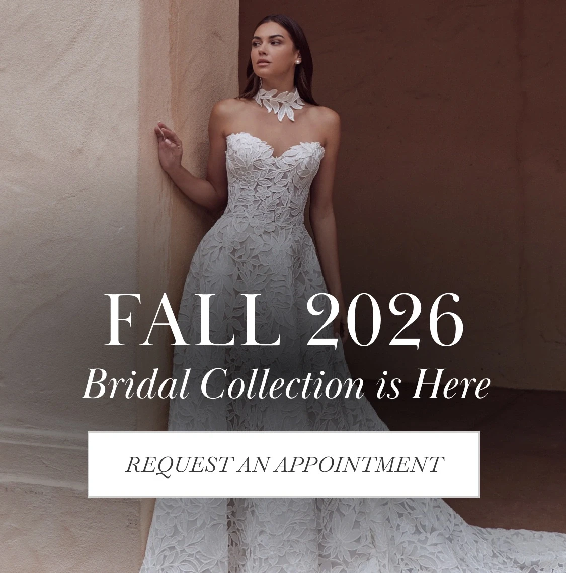 Model wearing Calla Blanche wedding dress, Fall 2026 mobile banner