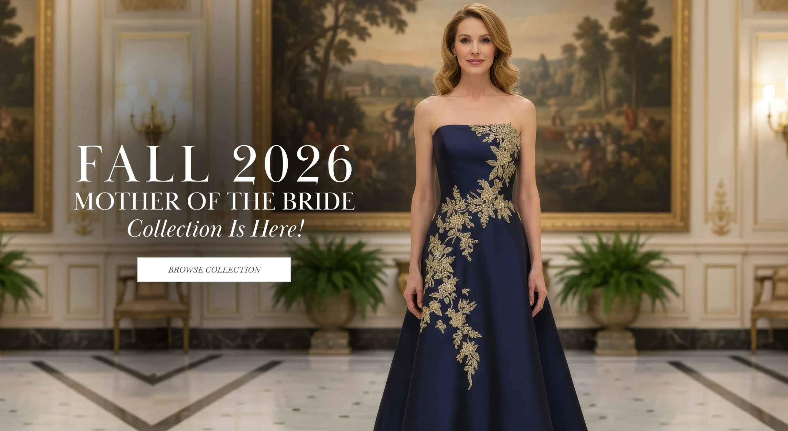Model wearing MLNY mother of the bride dress, Fall 2026 desktop banner